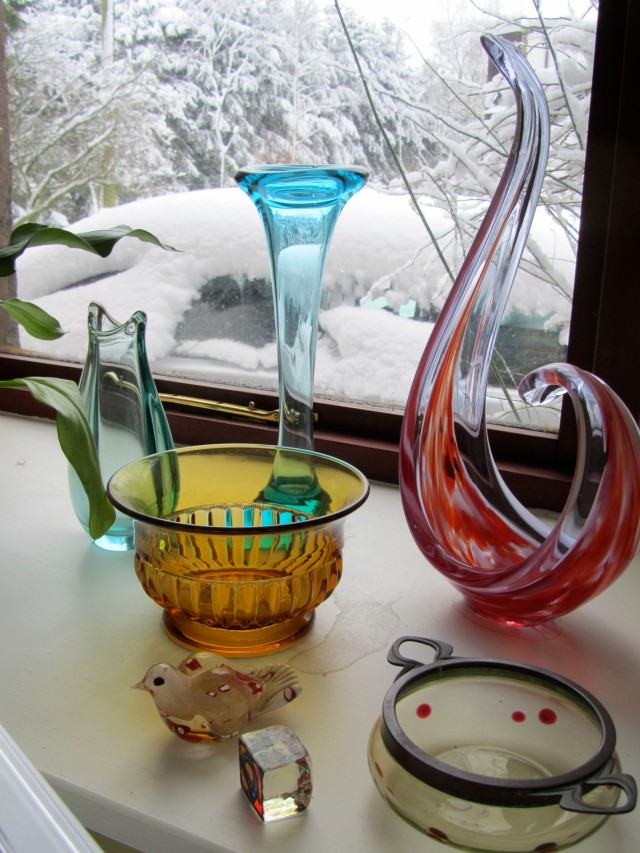 Coloured glass against snow